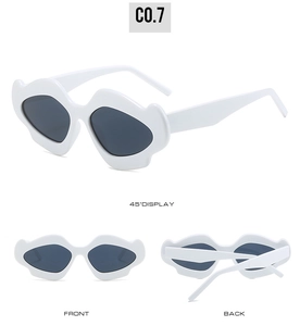 White wave shaped sunglasses with dark grey lenses shown in front and back views