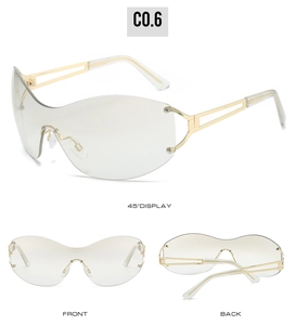 Three-view display of rimless Y2K sunglasses with hollow gold metal temples and grey lenses
