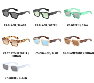 Matrix view of seven colorful thick square sunglasses with UV400 fashion frames