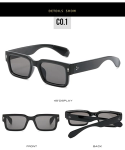 Detail view of black rectangular sunglasses with silver arrow rivets and UV400 lenses