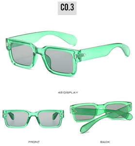 Three-way view of green translucent rectangle sunglasses showing front and side profile