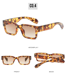 Detailed views of tortoiseshell rectangle sunglasses with brown gradient lenses and metal rivets