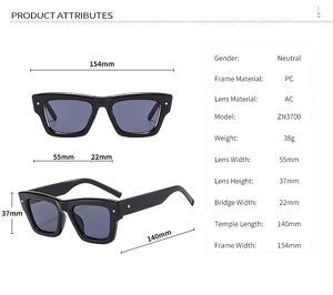 Detailed size specifications and dimensions for these classic PC frame square sunglasses