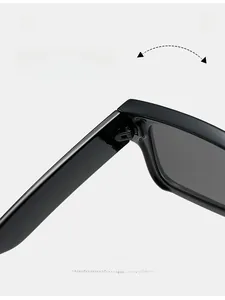 Detail showing the durable texture hinge of black square sunglasses with sturdy folding design