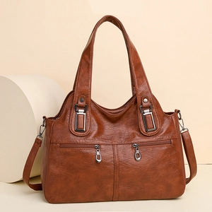 Borsa tote vintage marrone in ecopelle con doppi manici e tracolla regolabile rimovibile