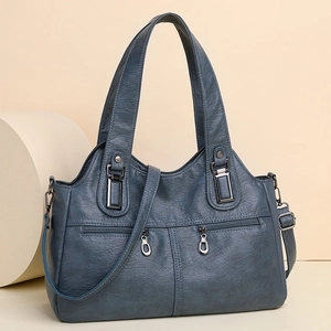 Elegante borsa tote in ecopelle grigio blu con doppi manici e tracolla rimovibile