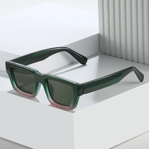 Modern thick frame square sunglasses with green to pink gradient resin finish