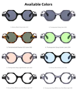Matrix view of eight polygon sunglasses frames in diverse colors and lens tints