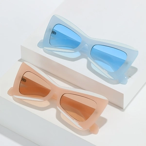 Modern triangle butterfly cat-eye sunglasses in light blue and pink on white blocks