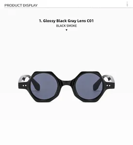 Detail of vintage hexagonal frame sunglasses with rice nail accents and gray lenses