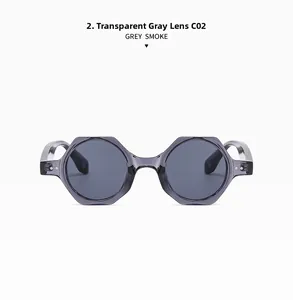 Detail view of octagon transparent grey frame sunglasses with smoke lenses C02