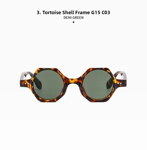 Detail of tortoise shell polygon sunglasses with green lenses and metal hinges