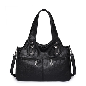 Women Large Capacity Handbag Soft PU Leather Lychee Pattern Multi Pocket Shoulder Bag Casual Commuter Tote Bag