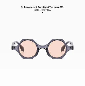 Detail of translucent grey hexagonal sunglasses with light tea lenses and durable PC frame