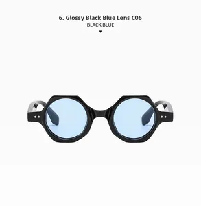 Front view of C06 hexagonal sunglasses with glossy black frames and blue tinted lenses