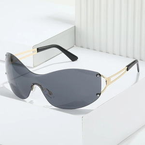 Y2K rimless oversized wraparound sunglasses with grey lenses and gold metal temples