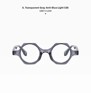 Detail of grey clear hexagonal anti-blue light glasses frame with C08 color code