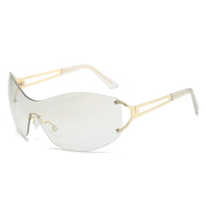 Y2K rimless wrap around sunglasses with gold hollow metal temples and grey lenses