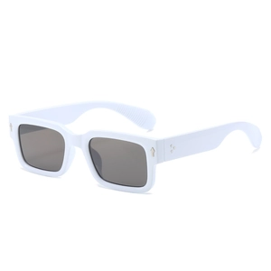 Classic white chunky rectangular sunglasses with dark lenses and silver rivet accents