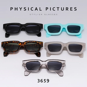 Vertical display of stylish rectangular thick frame sunglasses in five diverse colors