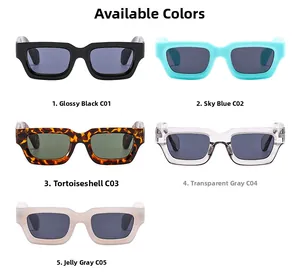 Detail view of stylish thick frame rectangle sunglasses in five assorted fashion colors