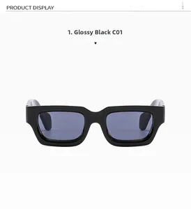 Front view of rectangular bright black sunglasses with thick frames and dark grey lenses