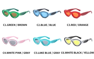 Detailed grid of oval retro sunglasses showing six vibrant color contrast frames and lenses