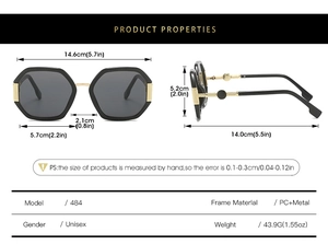 Detailed dimensions and specifications of these black hexagonal PC and metal sunglasses