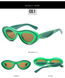 Detail view showing green thick frame sunglasses with brown lenses from multiple angles