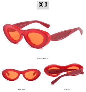 Detailed multi-angle views of red oval sunglasses with orange transparent lenses