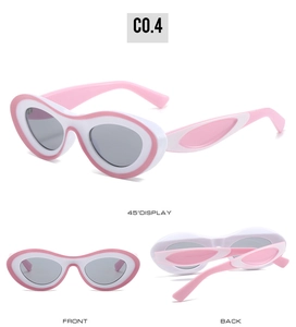 Detailed views of cat eye sunglasses with contrast pink and white frames from multiple angles