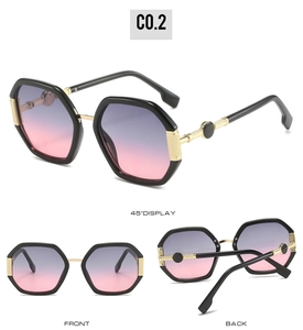 Three-angle view of oversized polygonal sunglasses with gradient pink lenses and metal frame