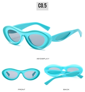 Three-way view of trendy oval sunglasses showing front, back and 45 degree angles
