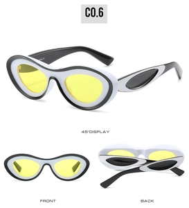 Detailed views of retro oval sunglasses featuring black and white frame with yellow lenses