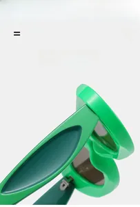 Detail view of bright green thick frame sunglasses showing high quality hinge structure