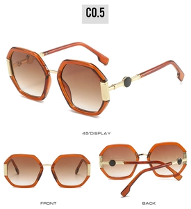 Detailed views of polygon sunglasses with orange frames and brown gradient lenses