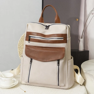 Women's minimalist vintage backpack in cream and brown PU leather for travel and daily use