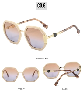 Three-way view of polygon sunglasses with gradient lenses and metal temple detail