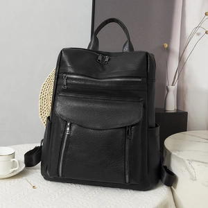 Fashionable black pebbled faux leather travel backpack with multi-pocket design for women