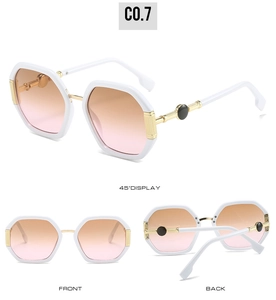 Three-view layout of hexagonal white frame sunglasses with pink gradient lenses and metal legs