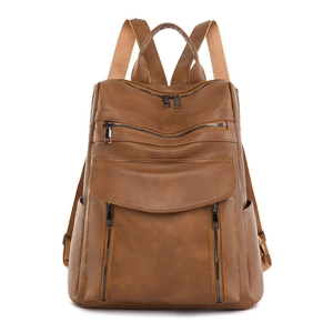 Vintage brown PU leather backpack for women with multi-pocket functional design for travel