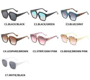 Detailed view of large square frame sunglasses in seven different color and pattern options