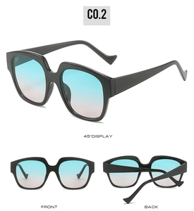 Three-view display of black large frame sunglasses with light blue gradient lenses