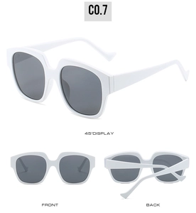 Detailed views of white oversized sunglasses featuring uv400 protection and retro frames