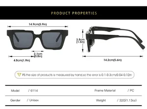 Detailed size chart and specifications for square frame unisex hip hop sunglasses
