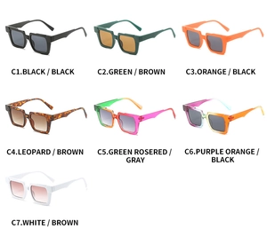 Detailed view of square frame sunglasses available in seven various color options