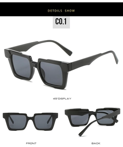 Detailed views of square black sunglasses with unique wavy geometric temples on white back