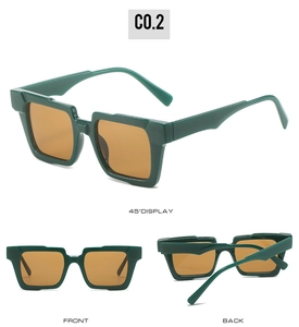 Three-angle view of square sunglasses with dark green frame and brown lenses