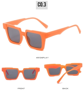 Three-angle view of orange square sunglasses showing front, back, and 45-degree angles