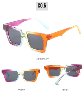 Three perspectives of square sunglasses featuring rainbow gradient frames and dark lenses